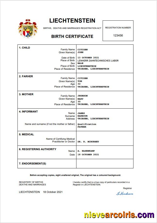 Liechtenstein vital record birth certificate
